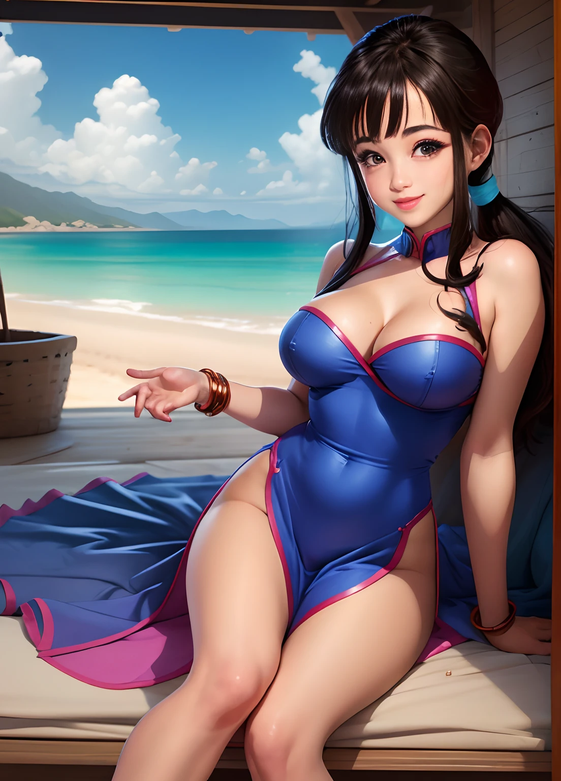 obra maestra, mejor calidad, highest qualityr, fotorrealista, Perfect Anatomia, Cara perfecta, ojos perfectos,DBZCH1CH1, bloqueos laterales, unique bangs,brown eyes,),pulseras rojas, Ropa china azul sexy, Pose sexy, Mostrar thigts, mostrando muslos, ojos animados, ojos muy realistas,paisaje espectacular cielo,Chica sentada en una nube,Volando en el cielo, Hermosa chica sentada en una nube, cleavage, escote,hermosa sonrisa,flying nimbusbcloud