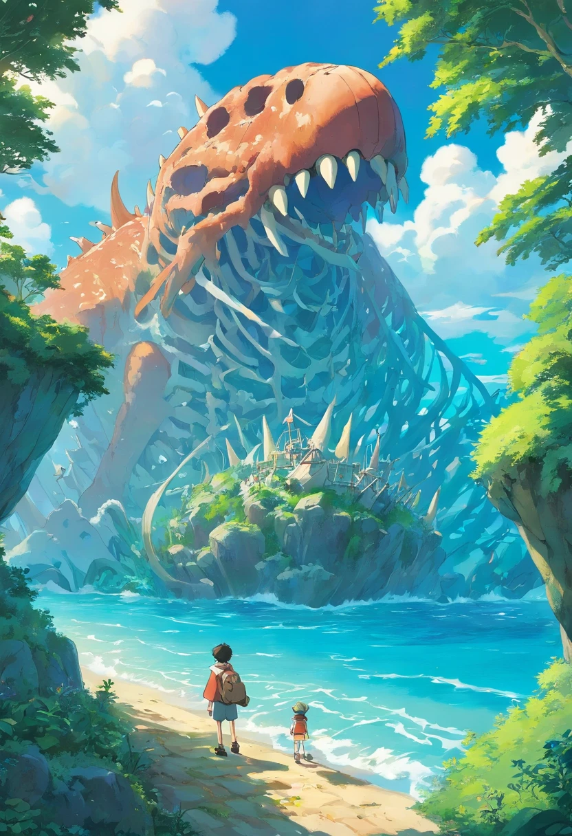 The skeleton of a huge sea beast lies across the island,Sea Islands,Island group,Water element in water,Huge animal bones,A majestic,spectacular,A wyvern swoops down,Ultra-long viewing angle,in a panoramic view,HighestQuali,Island background,Background core Behemoth Island,Overlooking the perspective