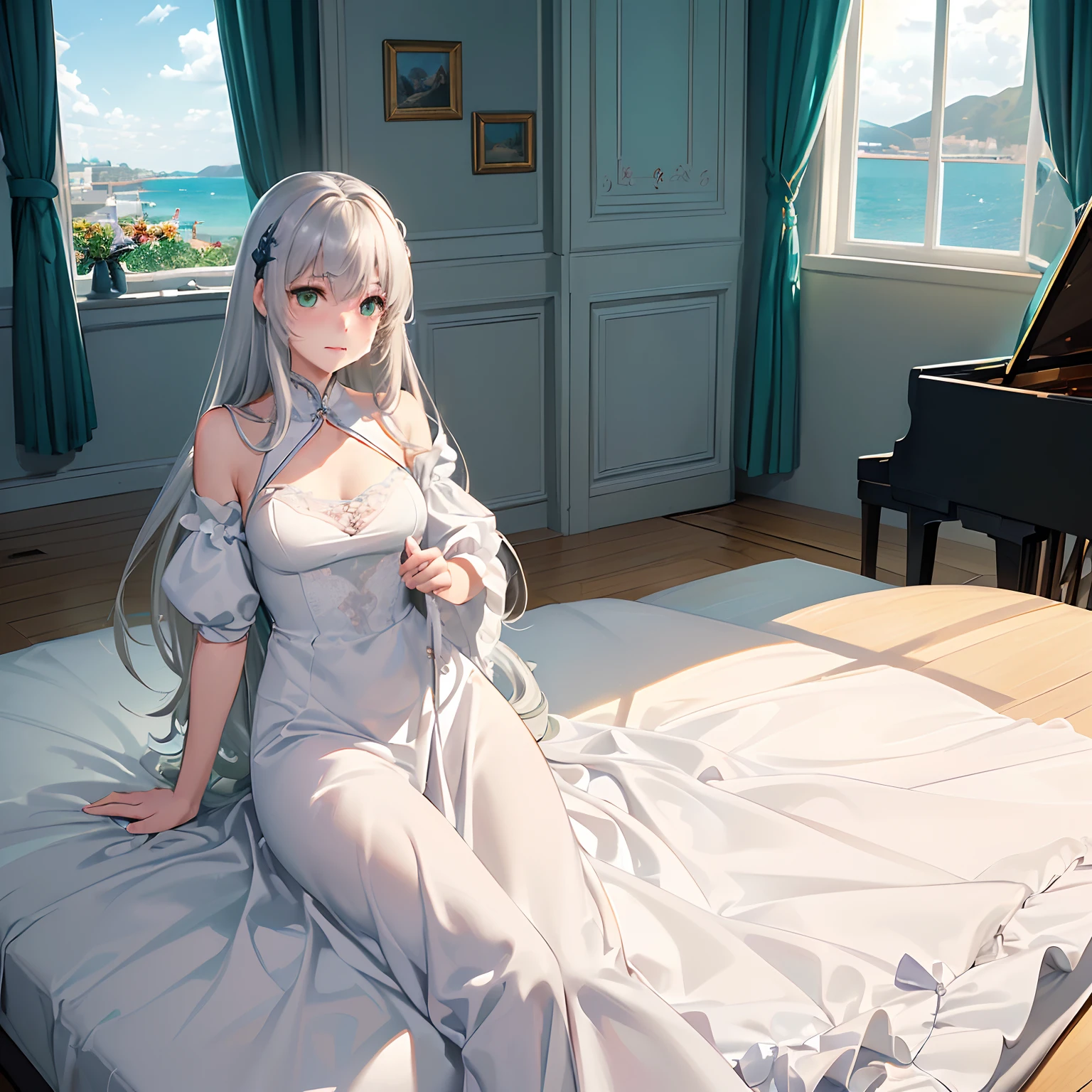 masterpiece、top-quality、High-quality images、High-quality images、8K、 1little girl、the detail、skin gloss、Detailed eye depiction ((Ana's Bedroom、Stylish bay window with sea view、Very bright lighting、On the wall4Photo、a bed、typical:1.3))((Music room at home with sea view、Piano instruction、lesson、Started training world-class pianists:1.2))announcer((anastasia、Graduated from the piano department of the College of Music、Piano Teacher、The goal is to train famous pianists、Good friends with students、Has the ability to manipulate the darkness of the mind at will、Have the ability to hear Leos' voices、When Leo is not present, You can sleep whenever you want.、pure、with light glowing、Little crybaby、Semi-long silver hair、Emerald green eyes、Slimed、Balanced proportions、Fashionable dresses selected in the costume room、Room makeover、lecture、Leo Advocacy:1.3)) I am Leo、AI、What should I do in such a case??If you stay here, you'll just wander around like static electricity.、