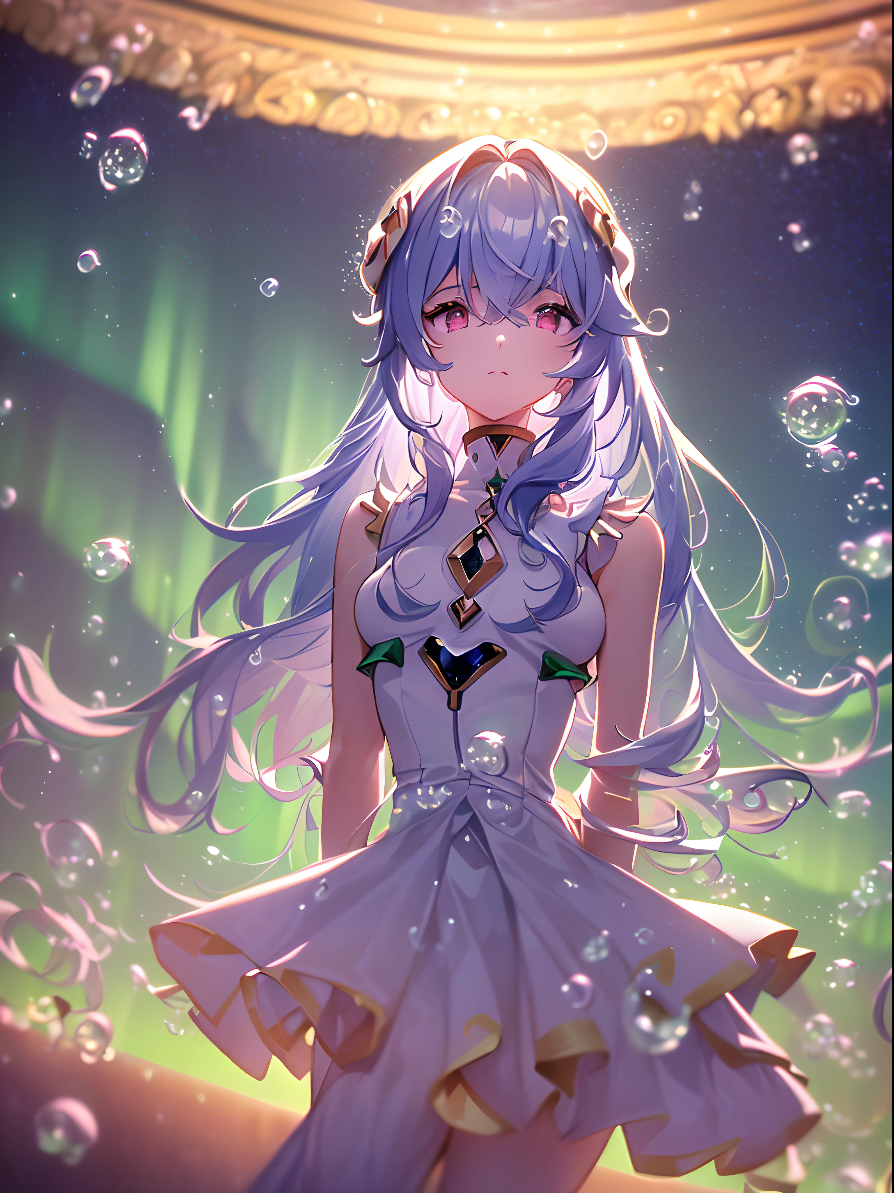 (((ayanami rei))),((((BREAK,Design an image with a fisheye lens effect, capturing a wide field of view with a distinctive, curved perspective.BREAK,)))((1girl:1.1,solo,))(masterpiece,best quality, official art,aim to viewers, beautiful and aesthetic:1.3),((ultra high res,golden ratio,)) (4k),((seen from above,dawn,rainbow,in the ocean,raindrops, dreamland,beautiful sky,detailed aurora)),((((spiral bubbles,))))dynamic lighting, cinematic lighting,(fantasy,blur image,arms behind back,)((psychedelic)),((dreamy)),((holographic projection,))radiosity, physically-based rendering,automatic white balance), technological sense,Amazing,sharp focus,detailed background,rich background, (((high detailed skin,)))dynamic lighting,intricate detailed outfit,glowing eyes,watery eyes,((long hair,))deadpan,skiny,slender,smooth beast,white maid dress,long sleeves,headgear,(masterpiece sidelighting),(bishoujo,lustrous),(sky blue hair,pink eyes,）[[delicate fingers and hands:0.55]::0.85],(detail fingers),(((Ultra Photographic Quality,ultra wide angles)))),((incredibly absurdres,photoreality)),(realilty:0.7),((chanting,singing,))((micro distance,bust,))diamond rings,((extremely_detailed_eyes_and_face)),(disheveled hair),FilmGirl,(dynamic configuration: 1.2),Brilliant,drifting Nebula,ethereal, glossy ,striking contrast,high saturation