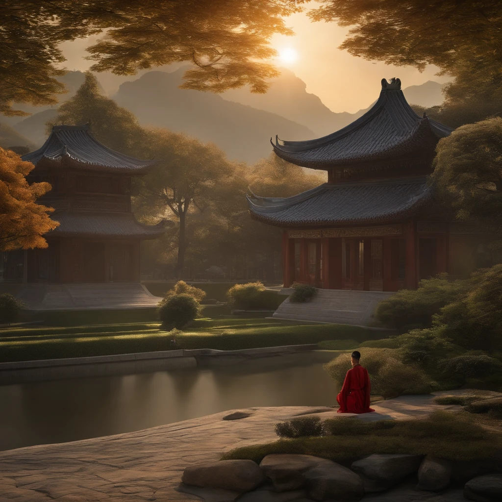 Quaint Han Dynasty style temple，Monks meditate in front of the monastery（closeup cleavage），Sit down and meditate，Practice Zen，pagoda，grassy，tree，florals，The bird，Autumn view，the setting sun，chinse landscape，（8k wallpaper），（light and shadow effect），White balance design，Extremely detailed depiction，Beautifully depicted，acurate，Works of masters，tmasterpiece，Nightmare vision，Dark fantasy plot，Perfect and excellent composition，8K分辨率，the detail，limitations，Close-up ultra-wide angle shot，realisticlying，stunning skies,Colorful clouds float，true to life, Pubic area is clear, flawless perfection, Digital SLR, 1024, 2048, 4096, A detailed, Sharp, best qualtiy, high qulity, absurderes，unmanned background，The is very detailed、Detailed lighting shadows，Trends on ArtStation、iintricate、high detal、dramatics、（Volumetriclighting：1.2）hdr shot。（Close-up，Super deep view，ultra-wide-angle，Microfocal length lens：1.2）（realisticlying：1.4）tmasterpiece、high high quality、Beautiful photography，globalillumination