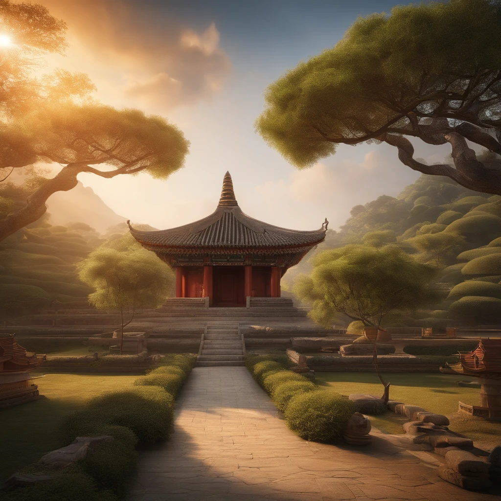 Quaint Han Dynasty style temple,Monks meditate in front of the monastery(closeup cleavage),Sit down and meditate,Practice Zen,pagoda,grassy,tree,florals,The bird,Autumn view,the setting sun,chinse landscape,(8k wallpaper),(light and shadow effect),White balance design,Extremely detailed depiction,Beautifully depicted,acurate,Works of masters,tmasterpiece,Nightmare vision,Dark fantasy plot,Perfect and excellent composition,8K分辨率,the detail,limitations,Close-up ultra-wide angle shot,realisticlying,stunning skies,Colorful clouds float,true to life, Pubic area is clear, flawless perfection, Digital SLR, 1024, 2048, 4096, A detailed, Sharp, best qualtiy, high qulity, absurderes,unmanned background,The is very detailed、Detailed lighting shadows,Trends on ArtStation、iintricate、high detal、dramatics、(Volumetriclighting:1.2)hdr shot。(Close-up,Super deep view,ultra-wide-angle,Microfocal length lens:1.2)(realisticlying:1.4)tmasterpiece、high high quality、Beautiful photography,globalillumination