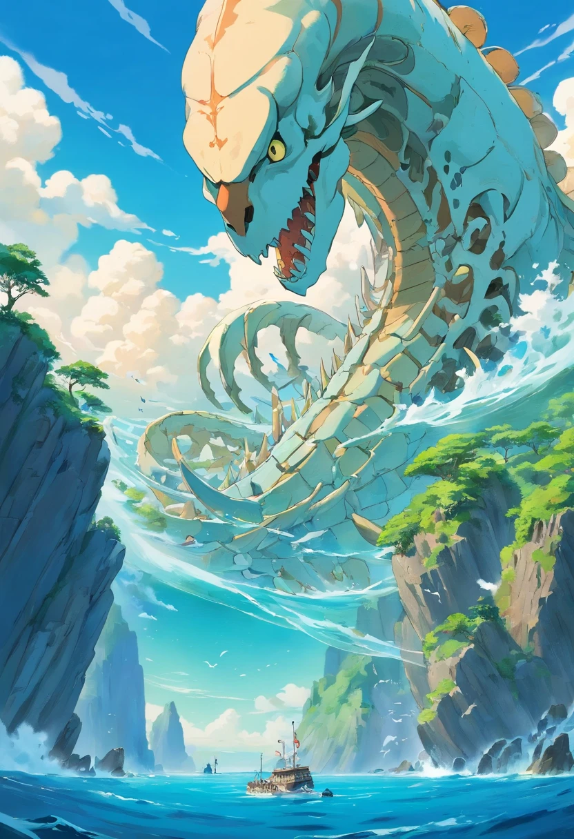 The skeleton of a huge sea beast lies across the island,Sea Islands,Island group,Water element in water,Huge animal bones,A majestic,spectacular,A wyvern swoops down,Ultra-long viewing angle,in a panoramic view,HighestQuali,Island background,Background core Behemoth Island,Overlooking the perspective