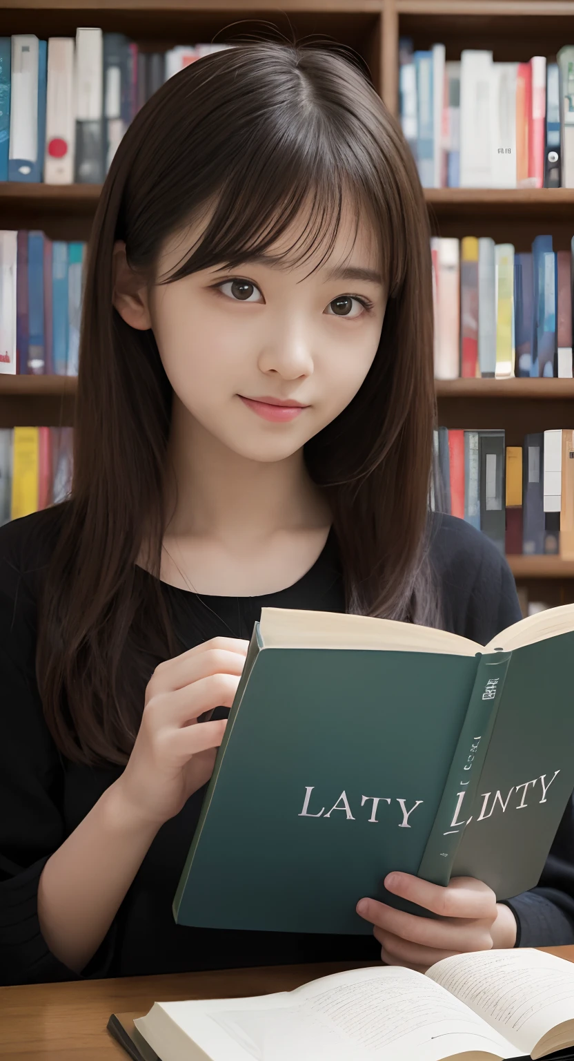 (top-quality、​masterpiece:1.2)、Best Quality、realisitic、photoshot、hight resolution、1080p、8K、Textured skin、Physical Rendering、1 Japan Girls、a junior high school student、kawaii、Young Face、Rolled hair、(Literary girl:1.5)、atlibrary、read a book、full of shyness、smil、Big