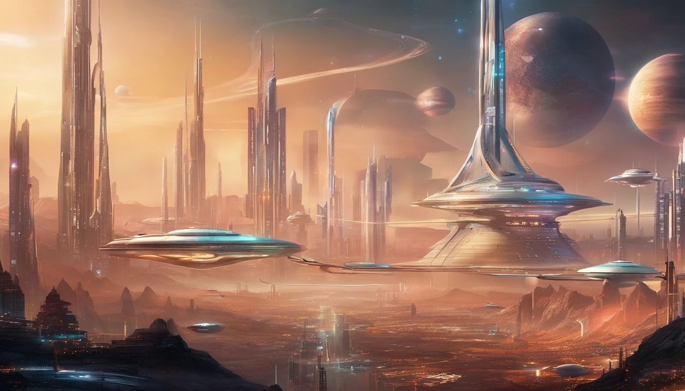 The metropolis of the future, many kilometers of spires rushing upwards;.