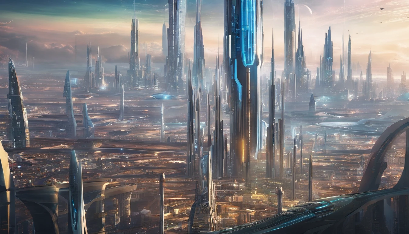 The metropolis of the future, many kilometers of spires rushing upwards;.