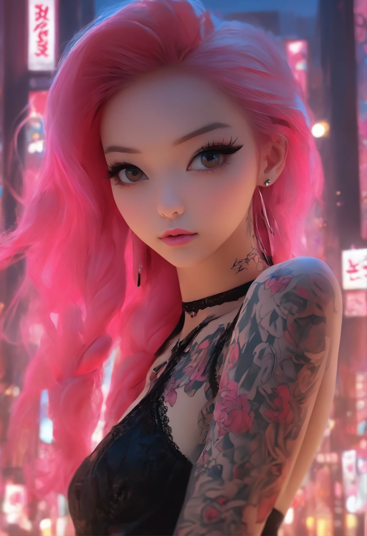 A beautiful Korean girl,Long pink hair,Tattooed with,full bodyesbian,Wearing a collar,Wear a black lace bra,Wear black lace panties,Wear stiletto heels,Wear black pantyhose,Bad girl,s the perfect face,Put on light makeup,Wear a ruby ring,Cool and funky style,On the dance floor,Ultra photo realsisim,8K