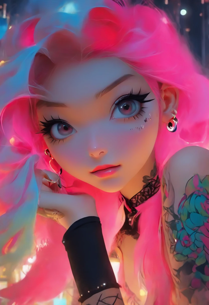 A beautiful Korean girl，Long pink hair，Tattooed with，full bodyesbian，Wearing a collar，Wear a black lace bra，Wear black lace panties，Wear stiletto heels，Wear black pantyhose，Bad girl，s the perfect face，Put on light makeup，Wear a ruby ring，Cool and funky style，On the dance floor，Ultra photo realsisim，8K
