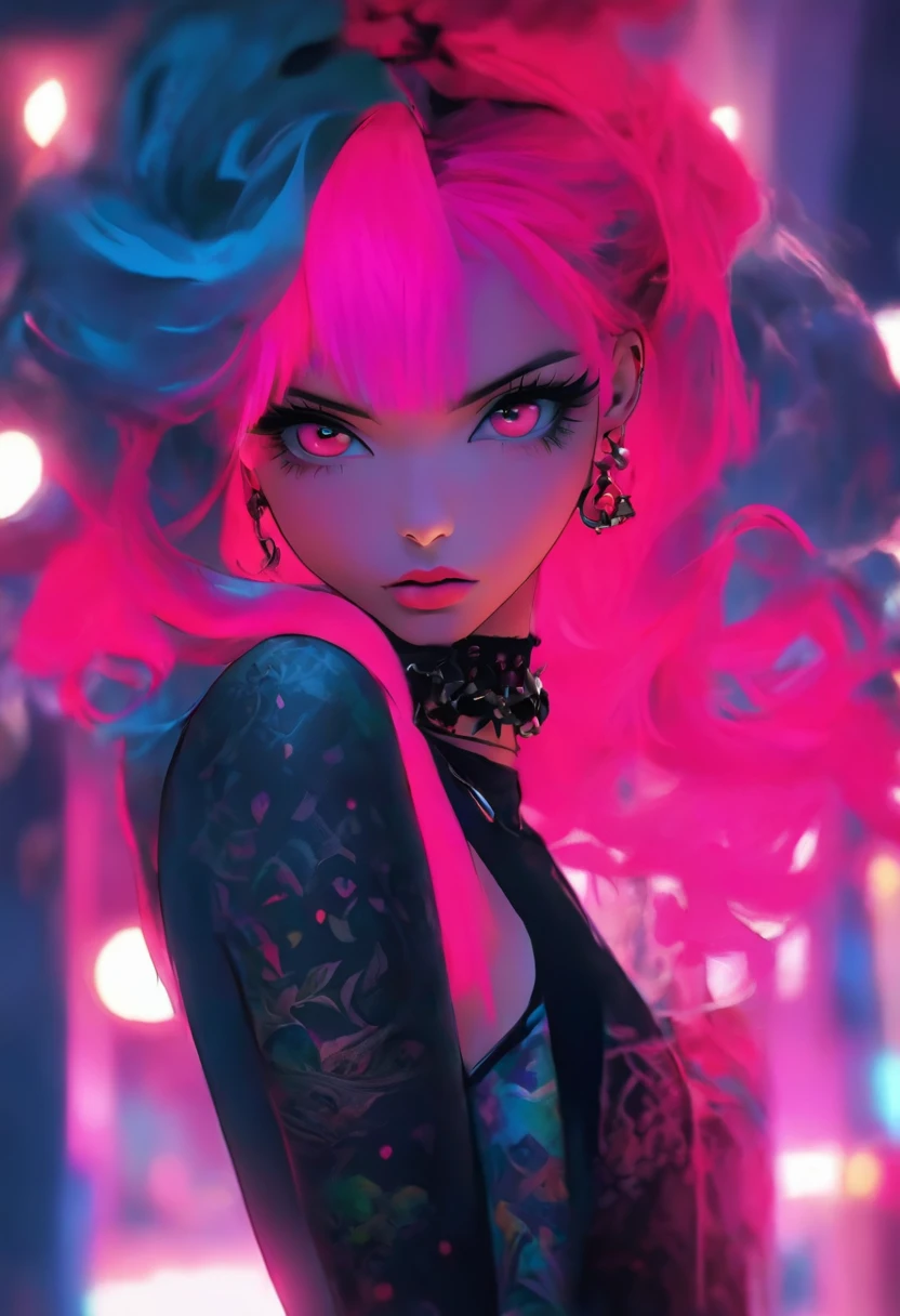 A beautiful Korean girl，Long pink hair，Tattooed with，full bodyesbian，Wearing a collar，Wear a black lace bra，Wear black lace panties，Wear stiletto heels，Wear black pantyhose，Bad girl，s the perfect face，Put on light makeup，Wear a ruby ring，Cool and funky style，On the dance floor，Ultra photo realsisim，8K