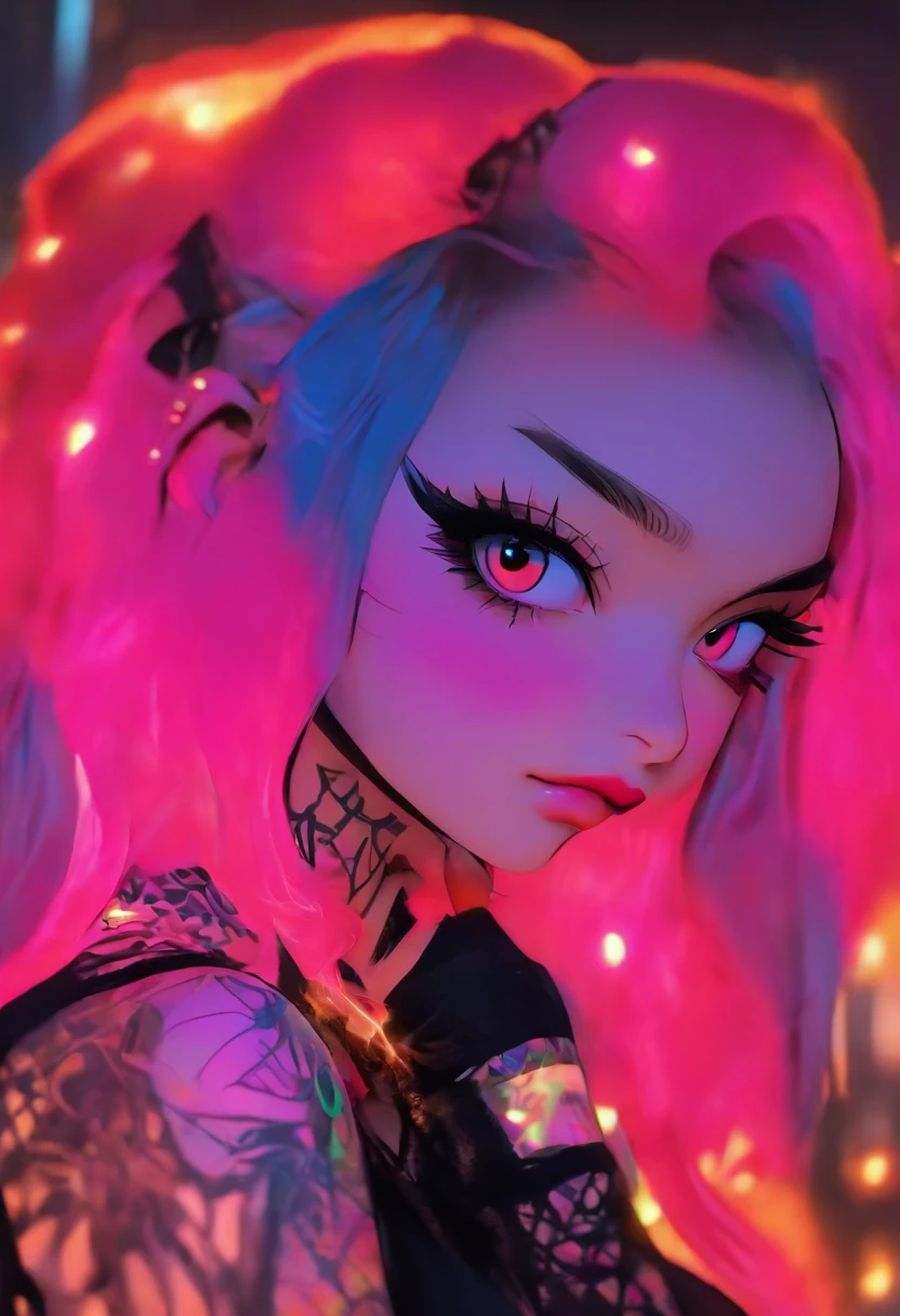 A beautiful Korean girl，Long pink hair，Tattooed with，full bodyesbian，Wearing a collar，Wear a black lace bra，Wear black lace panties，Wear stiletto heels，Wear black pantyhose，Bad girl，s the perfect face，Put on light makeup，Wear a ruby ring，Cool and funky style，On the dance floor，Ultra photo realsisim，8K