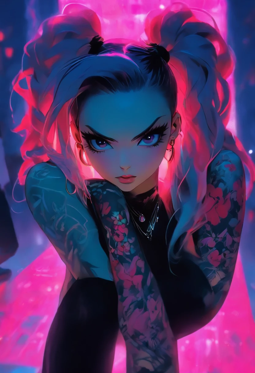 A beautiful Korean girl，Long pink hair，Tattooed with，full bodyesbian，Wearing a collar，Wear a black lace bra，Wear black lace panties，Wear stiletto heels，Wear black pantyhose，Bad girl，s the perfect face，Put on light makeup，Wear a ruby ring，Cool and funky style，On the dance floor，Ultra photo realsisim，8K