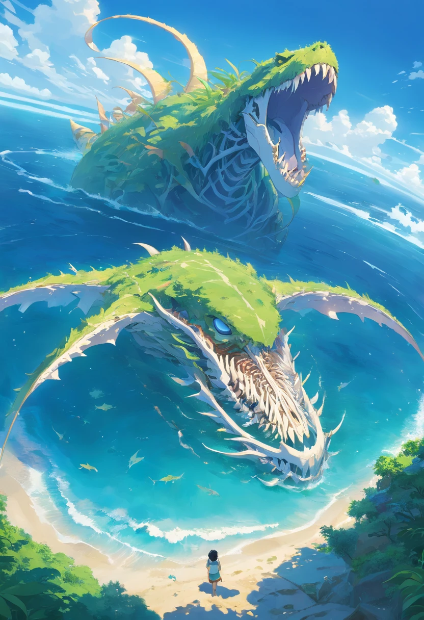 The skeleton of a huge sea beast lies across the island,Sea Islands,Island group,Water element in water,Huge animal bones,A majestic,spectacular,A wyvern swoops down,Ultra-long viewing angle,in a panoramic view,HighestQuali,Island background,Background core Behemoth Island,Overlooking the perspective