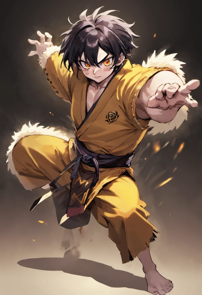 a cool，Move ki，20代の男性，With manly black hair，short-haired，big earing，the body is covered with fur，ape，Torn kimono，ripped clothing，tusk，yellow  eyes，sharp big eyes，Rampaging figure，battleing，furred，Muscular masterpieces、well-muscled，Disheveled clothes，top-quality、(illustratio)
