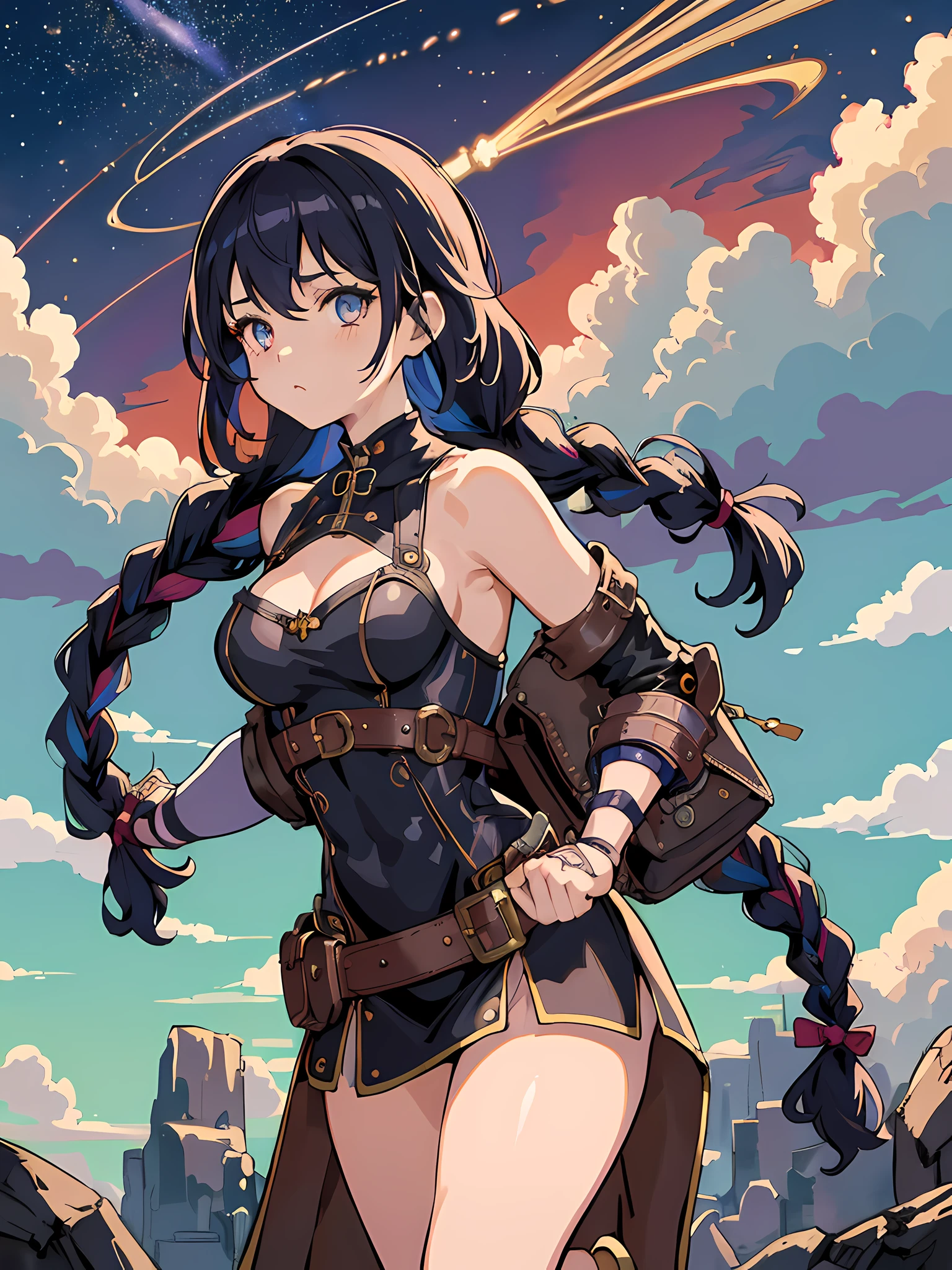 masterpiece, best quality, official art, illustration, ligne claire, highres, absurdres, ultra-detailed, 8k, fantasy, focused, (in the air), (above the cloud:1.3), rule of thirds, 1girl, blue and violett hair, long hair, braids, looking at viewer over shoulder, kintsugi, colorful eyes, colorful steampunk outfit, bare shoulders, cutout at hips, (steampunk city background:1.10), brilliant colorful clouds, bloom, portrait, cross hair ornament, waist bag, dynamic pose, shadow, reflection, lightred Meteor, half the sky is Milky Way, motion, (depth_of_field)