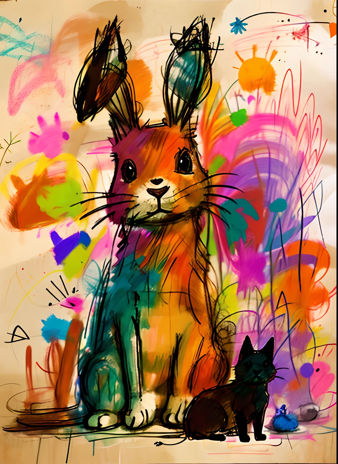 Rabbit and Cats and Dog Doodle, scribble, Messy,  badly drawn