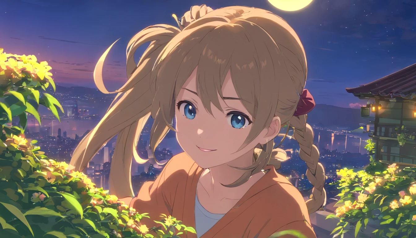 Best quality at best，tmasterpiece，The is very detailed，Face details，8K, detailed back ground，1girll，独奏，Silver hair，eBlue eyes，pigtails，long whitr hair，wavey hair，voluminous hair，pony tails，french braid，Blushlush，ssmile，Shawl，Chinese city，Chinese service，the night，themoon，scenecy，high place，horizon，ventania，wind blown，flowerbed，looking at viewert