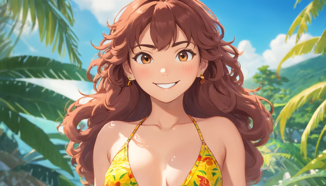 REALISTIC POTRAIT OF A WOMEN SHOT WITH TILT SHIFT LENS , TAHITI ISALAND WOMEN, CURVY BUT FIT WOMEN , CURLY HAIRS , SHINY SKINS , BEAUTIFUL EYES , FASHION PATTERN BIKINI, BIKINI POSE , GOLDENHOUR LIGHTING , WHITE TEETH SMILING , FULL SIZE FULL BODY  POSE