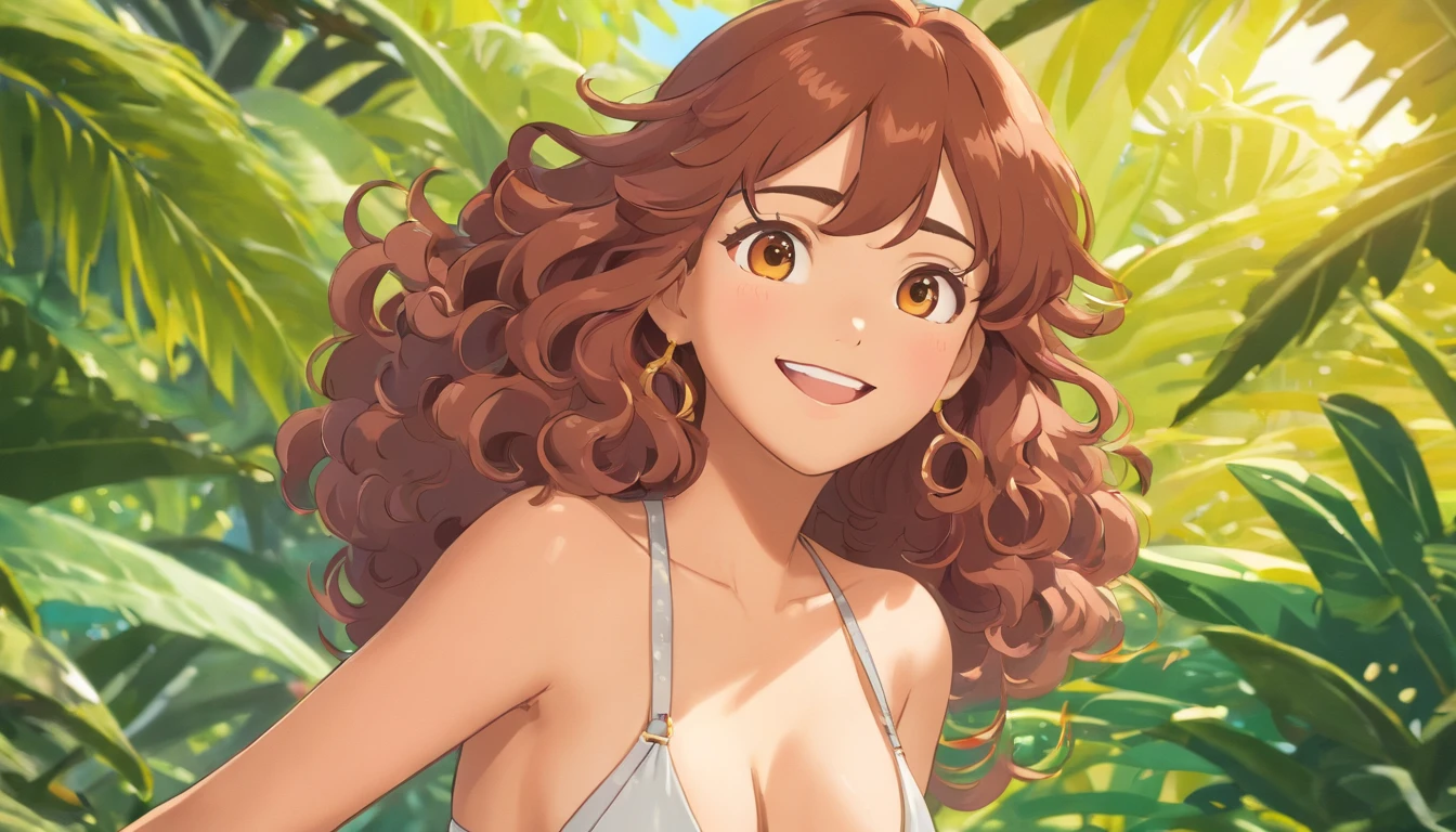REALISTIC POTRAIT OF A WOMEN SHOT WITH TILT SHIFT LENS , TAHITI ISALAND WOMEN, CURVY BUT FIT WOMEN , CURLY HAIRS , SHINY SKINS , BEAUTIFUL EYES , FASHION PATTERN BIKINI, BIKINI POSE , GOLDENHOUR LIGHTING , WHITE TEETH SMILING , FULL SIZE FULL BODY  POSE