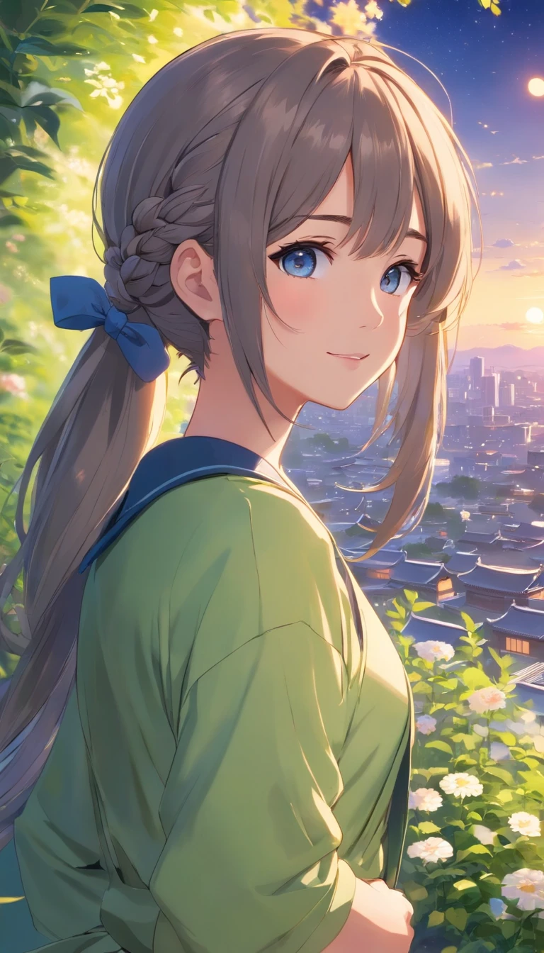 Best quality at best,tmasterpiece,The is very detailed,Face details,8K, detailed back ground,1girll,独奏,Silver hair,eBlue eyes,pigtails,long whitr hair,wavey hair,voluminous hair,pony tails,french braid,Blushlush,ssmile,Shawl,Chinese city,Chinese service,the night,themoon,scenecy,high place,horizon,ventania,wind blown,flowerbed,looking at viewert