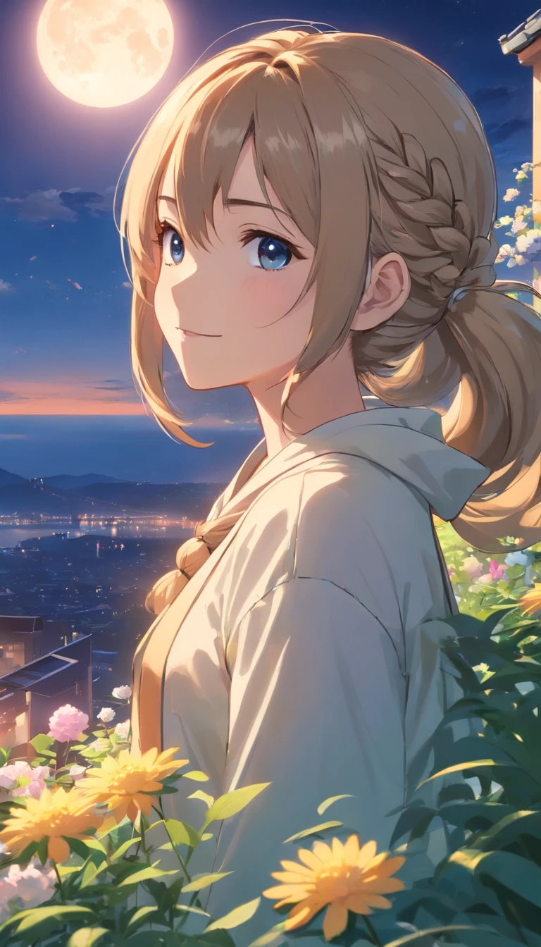 Best quality at best，tmasterpiece，The is very detailed，Face details，8K, detailed back ground，1girll，独奏，Silver hair，eBlue eyes，pigtails，long whitr hair，wavey hair，voluminous hair，pony tails，french braid，Blushlush，ssmile，Shawl，Chinese city，Chinese service，the night，themoon，scenecy，high place，horizon，ventania，wind blown，flowerbed，looking at viewert