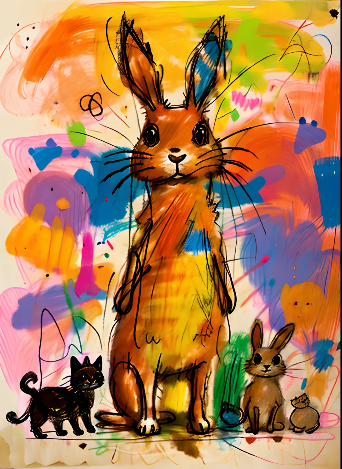 Rabbit and Cats and Dog Doodle, scribble, Messy, badly drawn