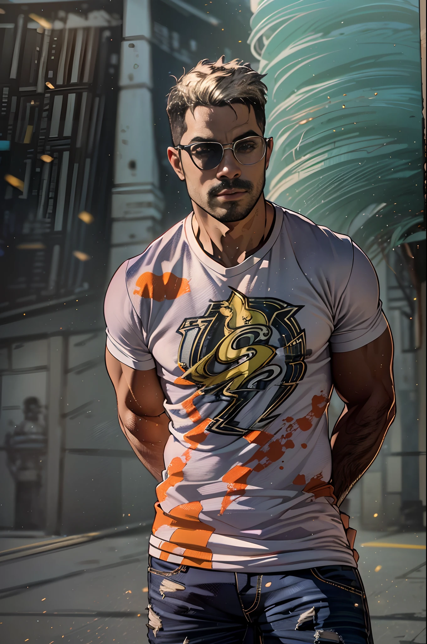 (((PivaArts))) Blocos coloridos,Bodybuilder in T-shirt and jeans with lightning print,(((O cabelo direito cobre o olho direito))),Handsome,30 anos,Rua de Hong Kong,Pose de Kung Fu,Chutes laterais,arte de linha,maior contraste ((32k UHD REALISTIC CINEMATIC ART OF HIGH DETAIL, Estilo Sigma 35mm F4 Studio))