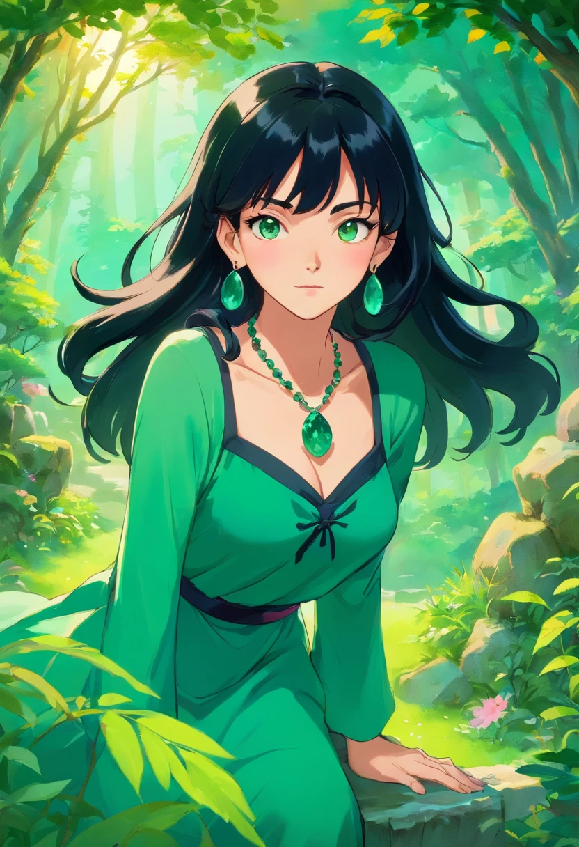 a beautiful witch woman with a black hair, 8k wearing Emerald green dressed , a long necklace and earrings, in the style of tranquil gardenscapes, colorful animation stills, masami teraoka, aquamarine, paul gauguin, Embry style, honest portrayal