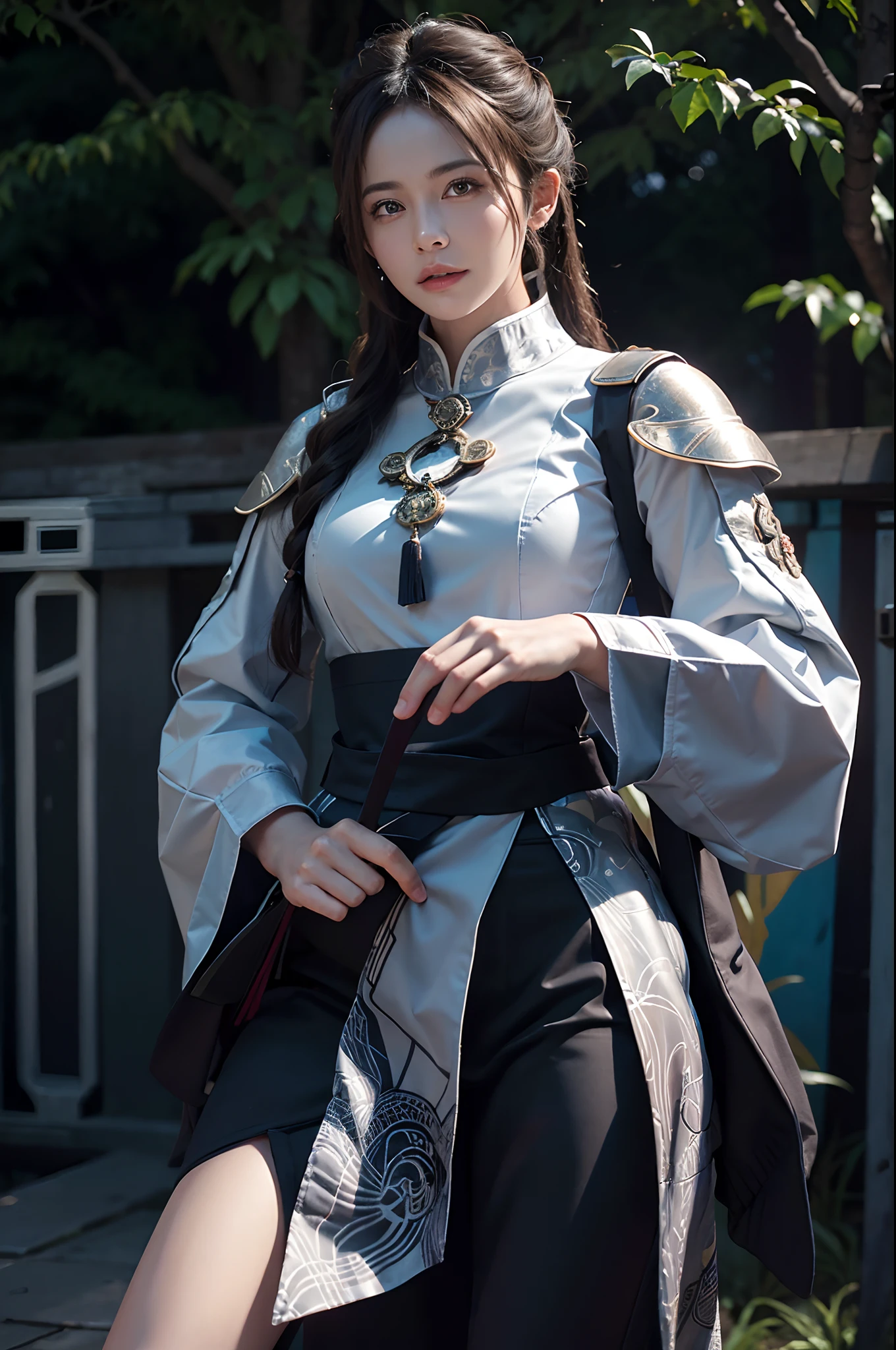 Portrait of an ancient Chinese female general,Wearing white armor,Fantasyart,photographrealistic,动态照明,artstation,poster for,Volumetriclighting,Very detailed faces,4 k,Award-Awarded,,1girl,in the darkness nigth,deep shading,low tune,Cowboy photos,(formal outfit:1.4),long whitr hair,whaite hair