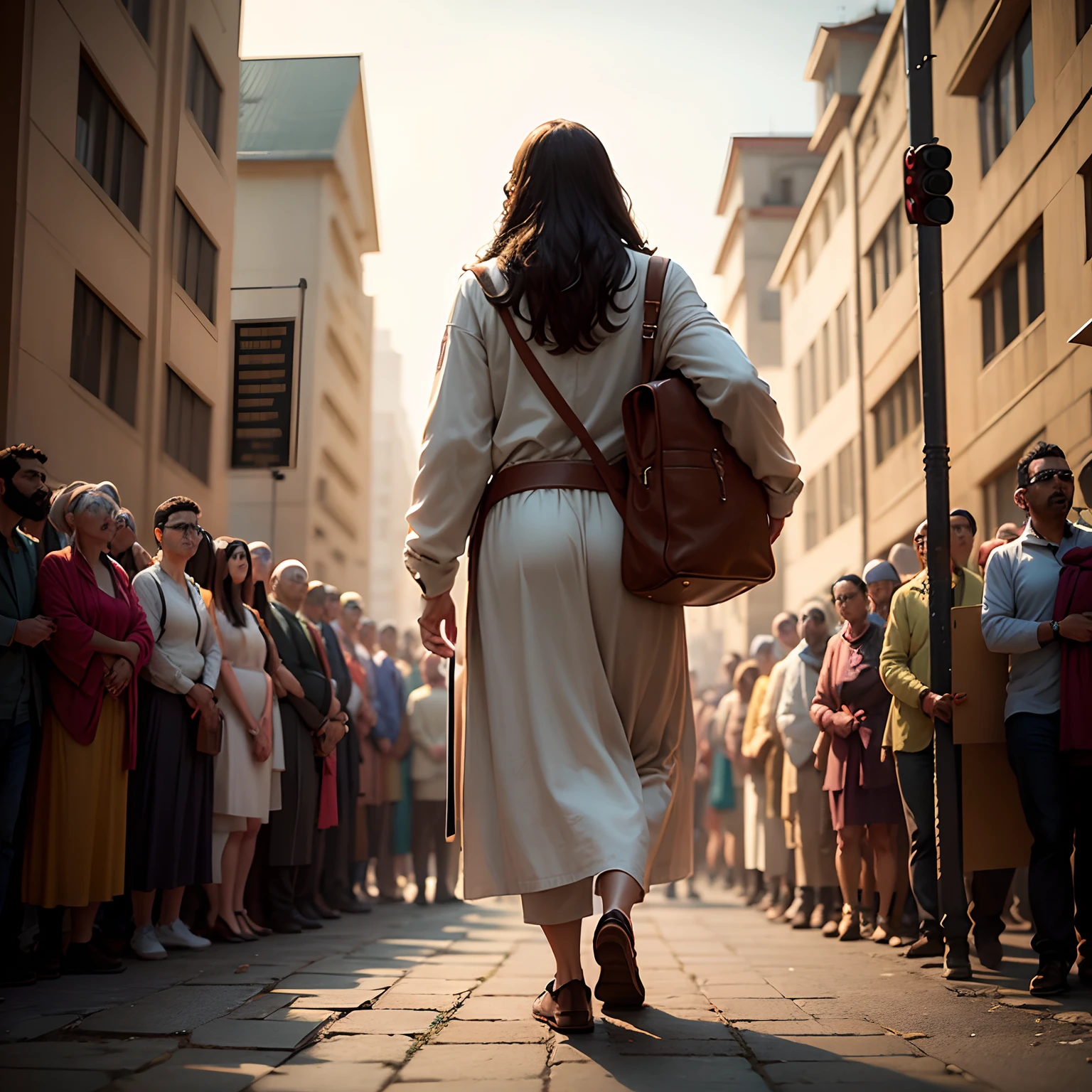 jesus caminhando,  imagem realista, detalhada, obra-prima, a large crowd followed Jesus to a secluded place, desejando ouvir Seus ensinamentos e buscando cura para suas enfermidades