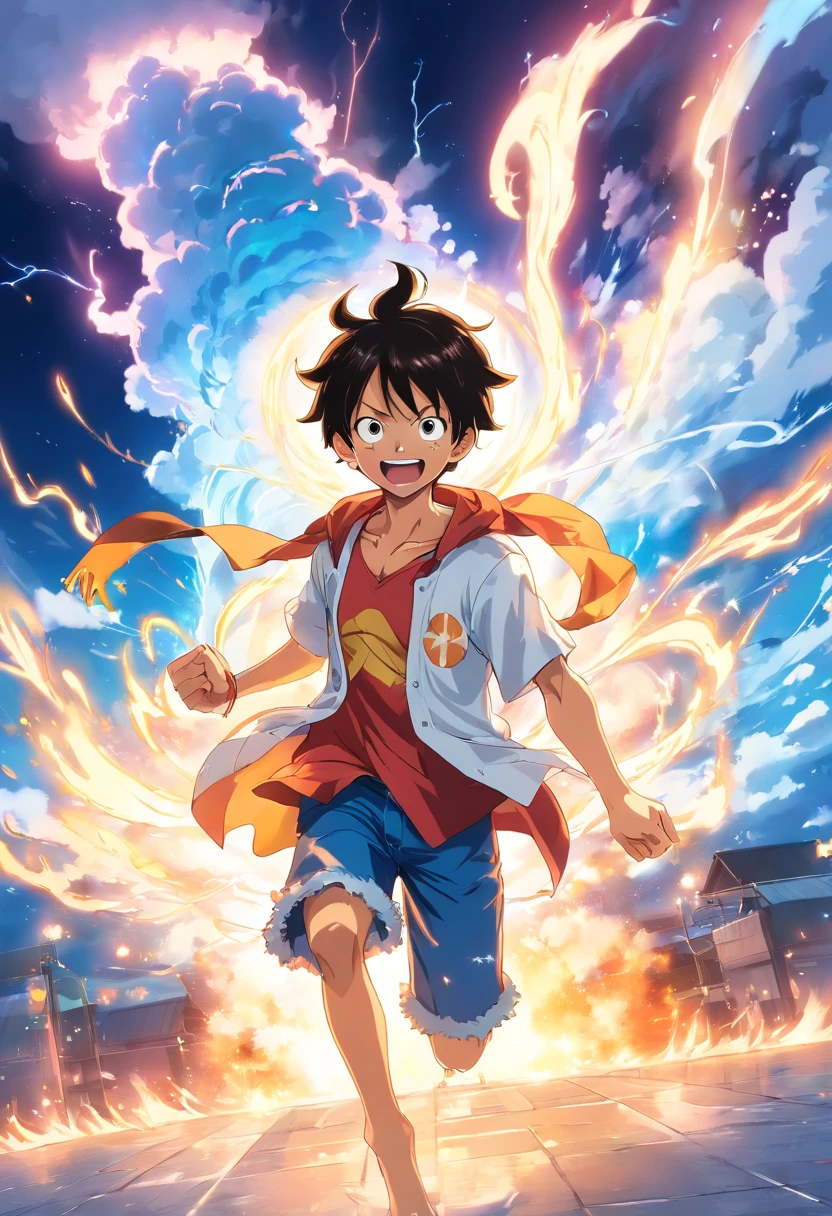 complete body,Japanese anime aesthetics,《One Piece》Luffy in the fifth gear,whaite hair,Curly brows,in a white shirt,Laughing,Light gold and white tones,Surrounded by white smoke,Blue lightning surrounds,dynamic angle,Masterpiece - Ah 3:4——niji 5,Nika Luffy