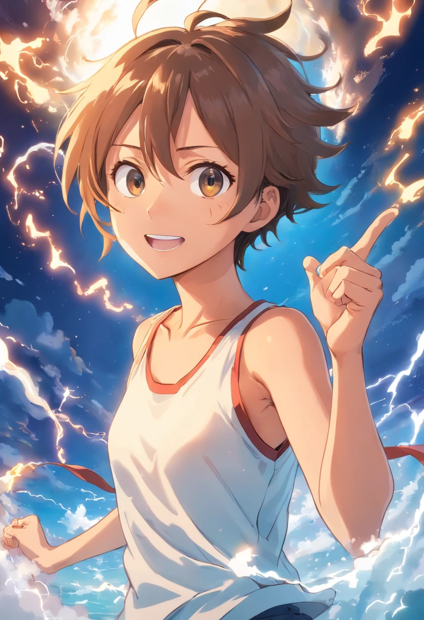complete body,Japanese anime aesthetics,《One Piece》Luffy in the fifth gear,whaite hair,Curly brows,in a white shirt,Laughing,Light gold and white tones,Surrounded by white smoke,Blue lightning surrounds,dynamic angle,Masterpiece - Ah 3:4——niji 5,Nika Luffy