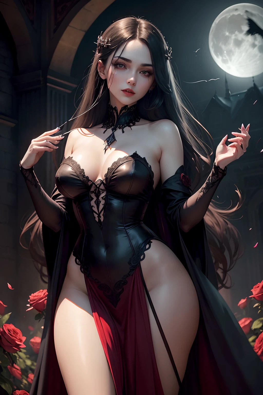 A beautiful vampire with mesmerizing emerald eyes, enchanting pale skin, and luscious blood-red lips. Her youthful appearance radiates an eternal charm, accentuated by her long, flowing ebony hair. She possesses an ethereal aura, exuding mystery and allure.
The scene is set in the heart of Transylvania, Romania, where an ancient castle looms in the moonlit night. The castle stands tall, adorned with Gothic architecture and adorned with intricate carvings. The surrounding landscape is shrouded in an eerie mist, creating an atmosphere of otherworldly enchantment.
As the vampire emerges from the shadows, she wears an opulent Victorian-inspired gown, fitted to perfection. The dress drapes around her slender form, enhancing her graceful silhouette. It is made from the finest silks and lace, exuding an air of timeless elegance.
The moonlight casts a soft glow on the vampire's porcelain skin, illuminating her delicate features. Her eyes, embellished with long, feathery lashes, captivate all who dare to meet her gaze. They reflect a hint of the darkness that lies within her, yet also emanate a profound sense of melancholy.
Surrounding her, a cluster of crimson roses bloom in the moonlit garden. Their petals glisten with dewdrops, symbolizing the duality of beauty and danger. The scent of their intoxicating fragrance fills the air, arousing a sense of temptation and desire.
The artwork portrays the scene with the utmost attention to detail and realism. Each stroke of the brush captures the vampire's essence, showcasing the finest craftsmanship and skill. The colors used in the painting evoke a sense of deep richness, with vibrant reds contrasting against dark, atmospheric hues.
The lighting in the artwork is delicately balanced, casting shadows that add depth and dimension to the scene. Moonlight filters through the castle windows, casting eerie shadows on the vampire's figure, enhancing her ethereal presence.
This masterpiece is created with the highest quality stand