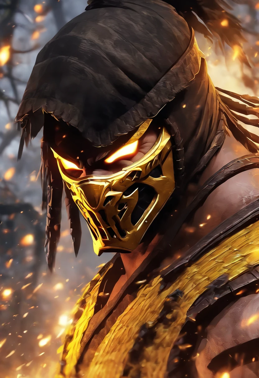 Mortal Kombat Scorpion, white eyes, classic mask, movie 1995, comes out of the forest in the fog, atmosphere of darkness and horror, in the style of illusory portraits, modular, uhd, --ar 71:118 --s 750 --niji 5