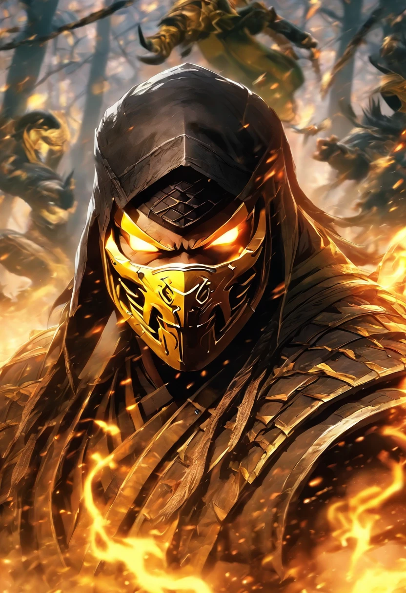 Mortal Kombat Scorpion, white eyes, classic mask, movie 1995, comes out of the forest in the fog, atmosphere of darkness and horror, in the style of illusory portraits, modular, uhd, --ar 71:118 --s 750 --niji 5