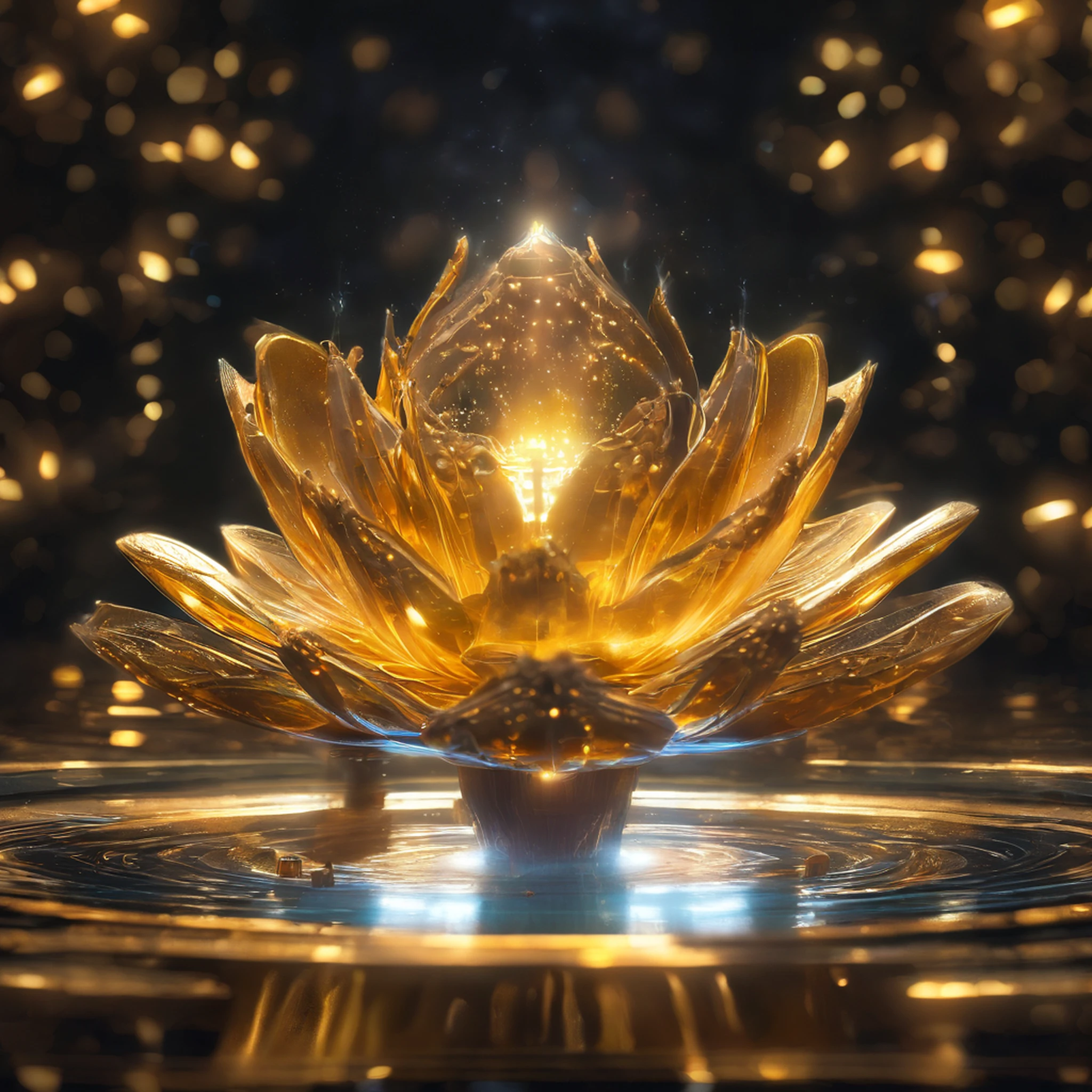 A golden water lily, lotus petals, radiating golden light, Lotus, with lotus flowers, glowing golden aura, a golden halo, soft golden light, glowing delicate flower, lotuses, gold ethereal light, gold flowers, sitting on a lotus flower, gilded lotus princess, Golden glow, Golden light, golden background with flowers, (extremely detailed CG unity 16k wallpaper:1.1), (Denoising strength: 1.45), (tmasterpiece:1.37), ray tracing, god rays, UHD, award winning