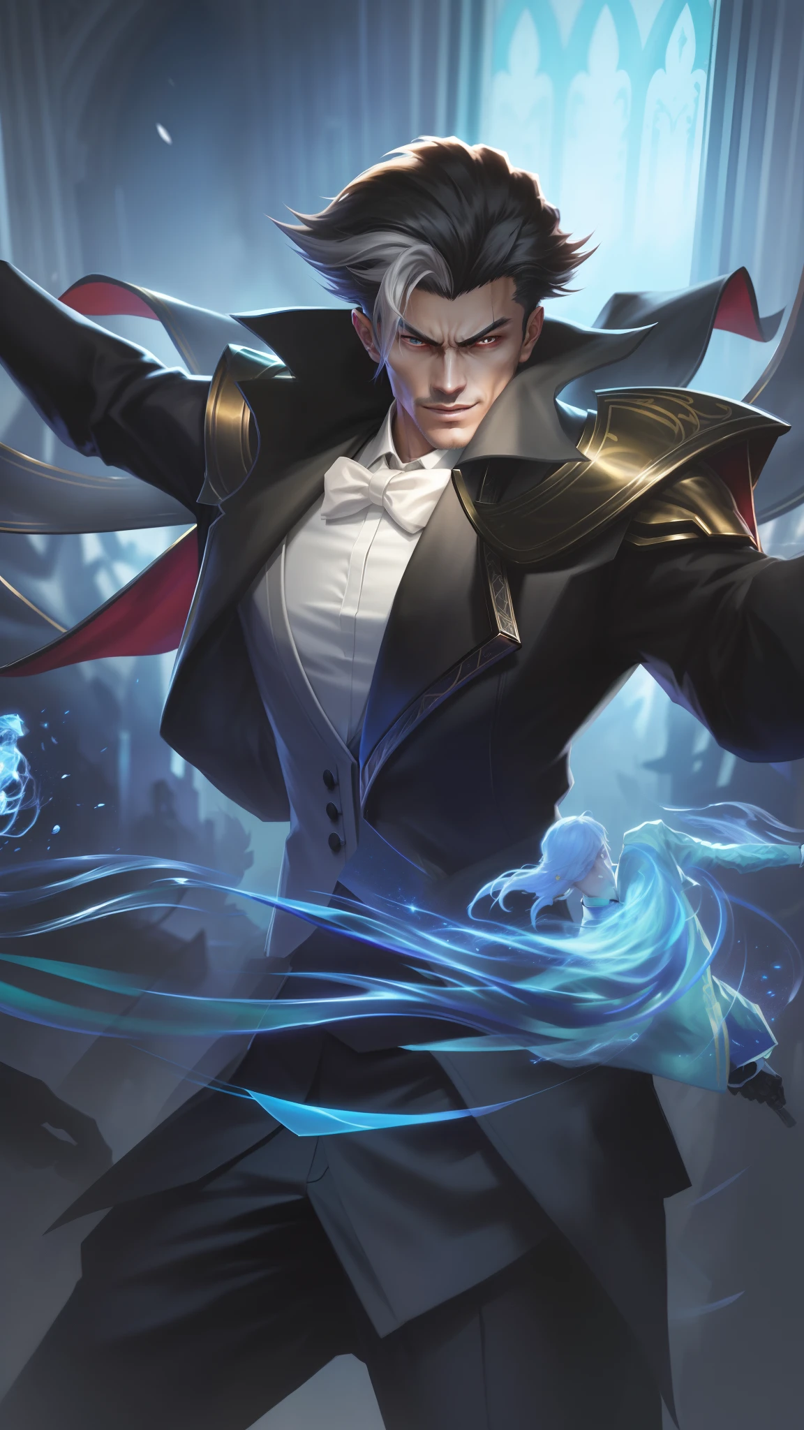 a close up of a person in a suit and tie holding a sword, a portrait inspired by Huang Shen, trending on cg society, neo-figurative, heise jinyao, official splash art, male vampire of clan banu haqim, kda, splash art, range murata and artgerm, album art, iconic character splash art, character splash art