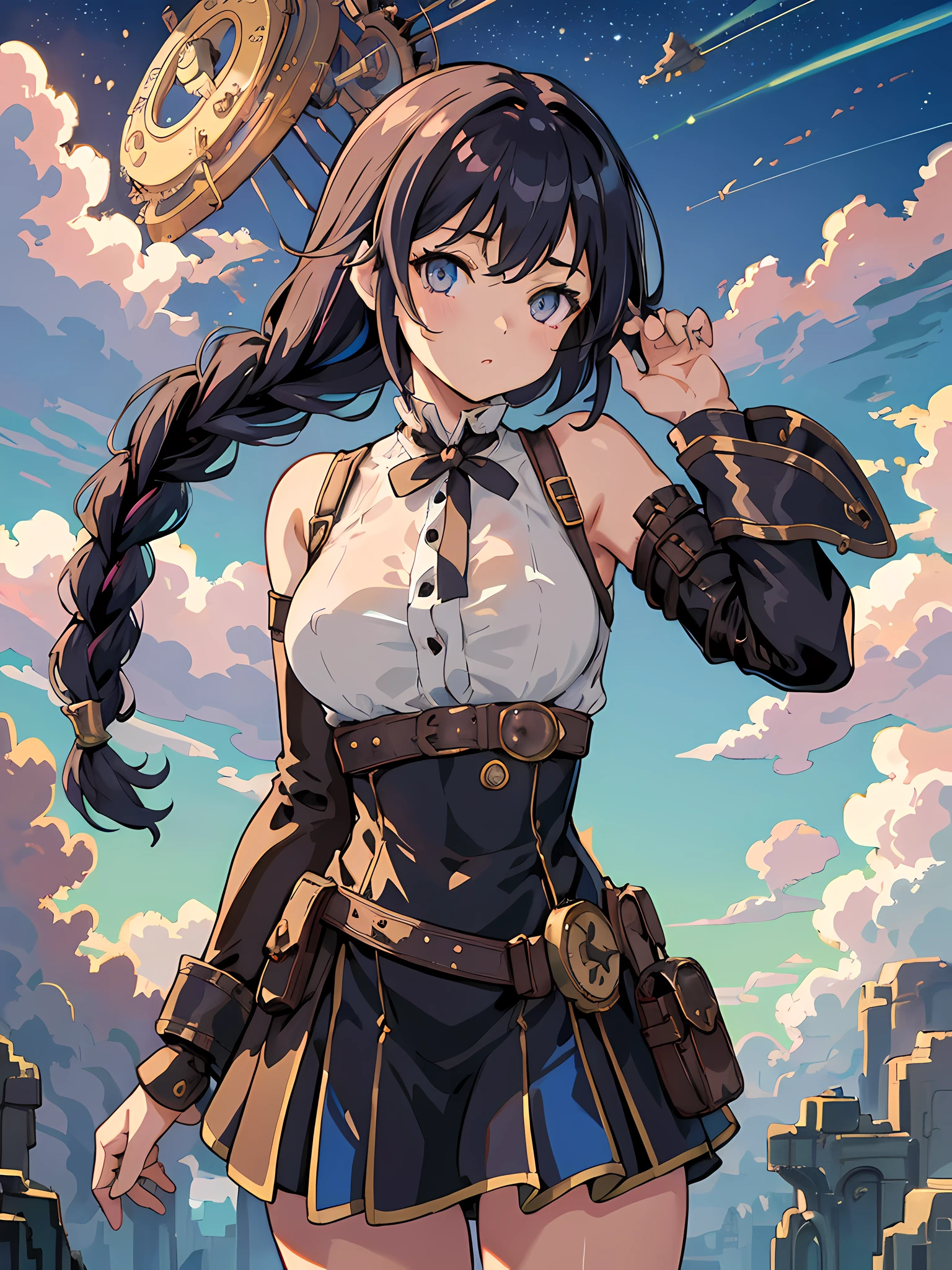 masterpiece, best quality, official art, illustration, ligne claire, highres, absurdres, ultra-detailed, 8k, fantasy, focused, (in the air), (above the cloud:1.3), rule of thirds, 1girl, blue and violett hair, long hair, braids, looking at viewer over shoulder, kintsugi, colorful eyes, colorful steampunk outfit,  shoulders, see-through clothing, (steampunk city background:1.10), brilliant colorful clouds, bloom, portrait, cross hair ornament, waist bag, dynamic pose, shadow, reflection, lightred Meteor, half the sky is Milky Way, motion, (depth_of_field)