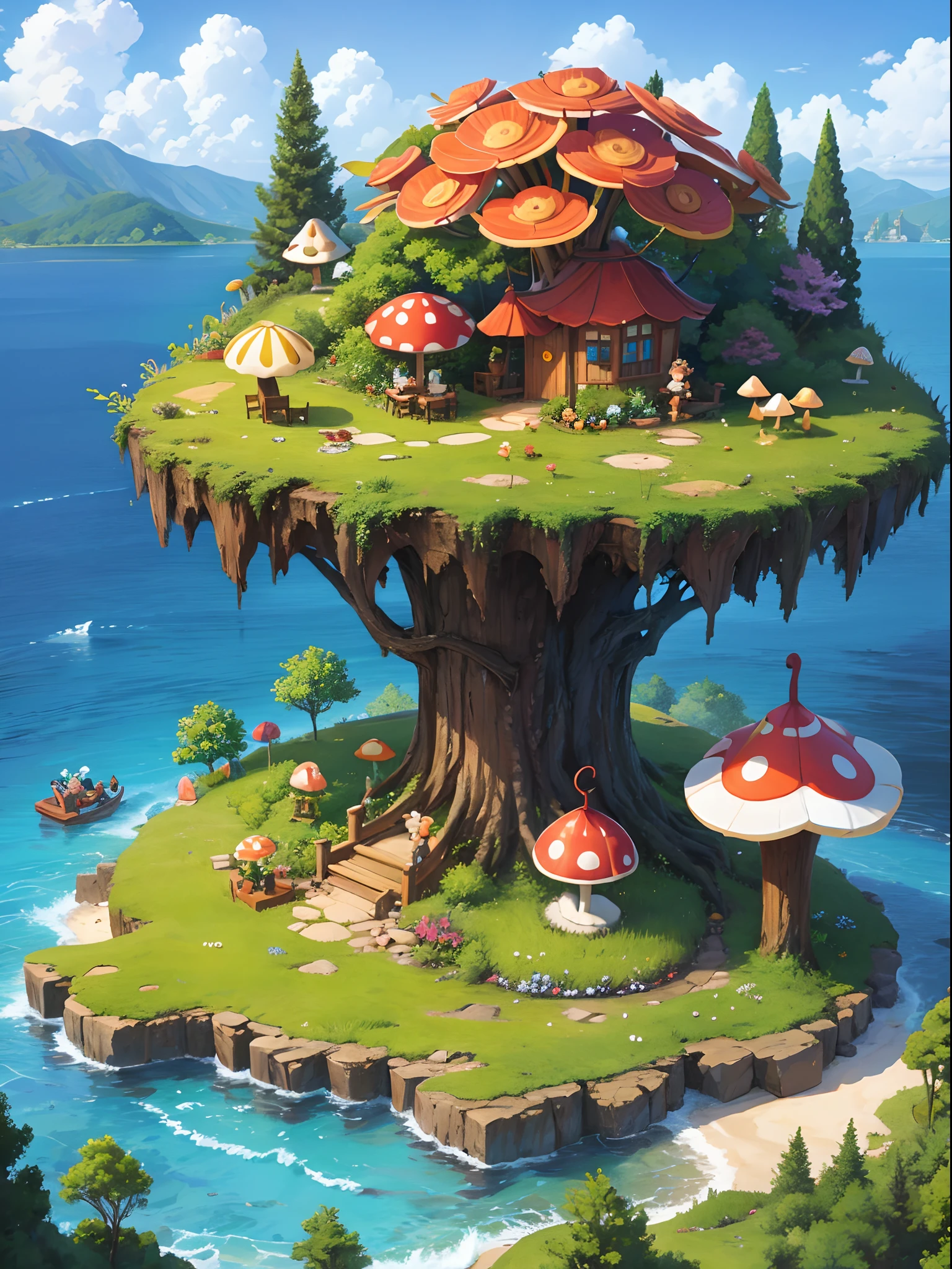 miniature mushroom house, island, lake,