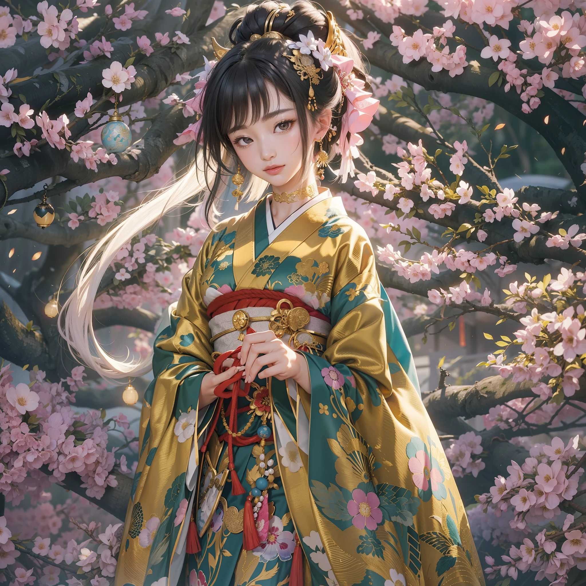 a moon、Detailed background(Detailed Kyoto:1.2)、Elegant backgrounds,Zen entanglement, mandalas, Tangled, Tangled,glossy dark hair,poneyTail,Lots of bouquets in hand, BREAK,elaborate costume{Luxury kimono(Colorful kimono(Detailed golden embroidery,))}、Japanese Idol(actress),Depict a beautiful and graceful woman of Japan。Heart in the eye。 Wallpaper 8K, .Blur the background with a sickle,((masutepiece)), ((Best Quality)),{{a portrait photo of}},full body Esbian