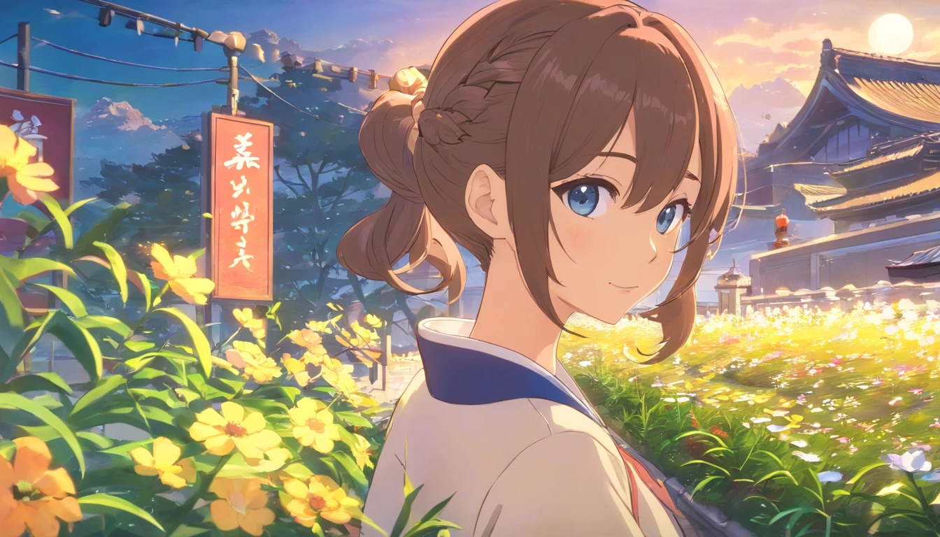 Best quality at best,tmasterpiece,The is very detailed,Face details,8K, detailed back ground,1girll,独奏,Silver hair,eBlue eyes,pigtails,long whitr hair,wavey hair,voluminous hair,pony tails,french braid,Blushlush,ssmile,Shawl,Chinese city,Chinese service,the night,themoon,scenecy,high place,horizon,ventania,wind blown,flowerbed,looking at viewert