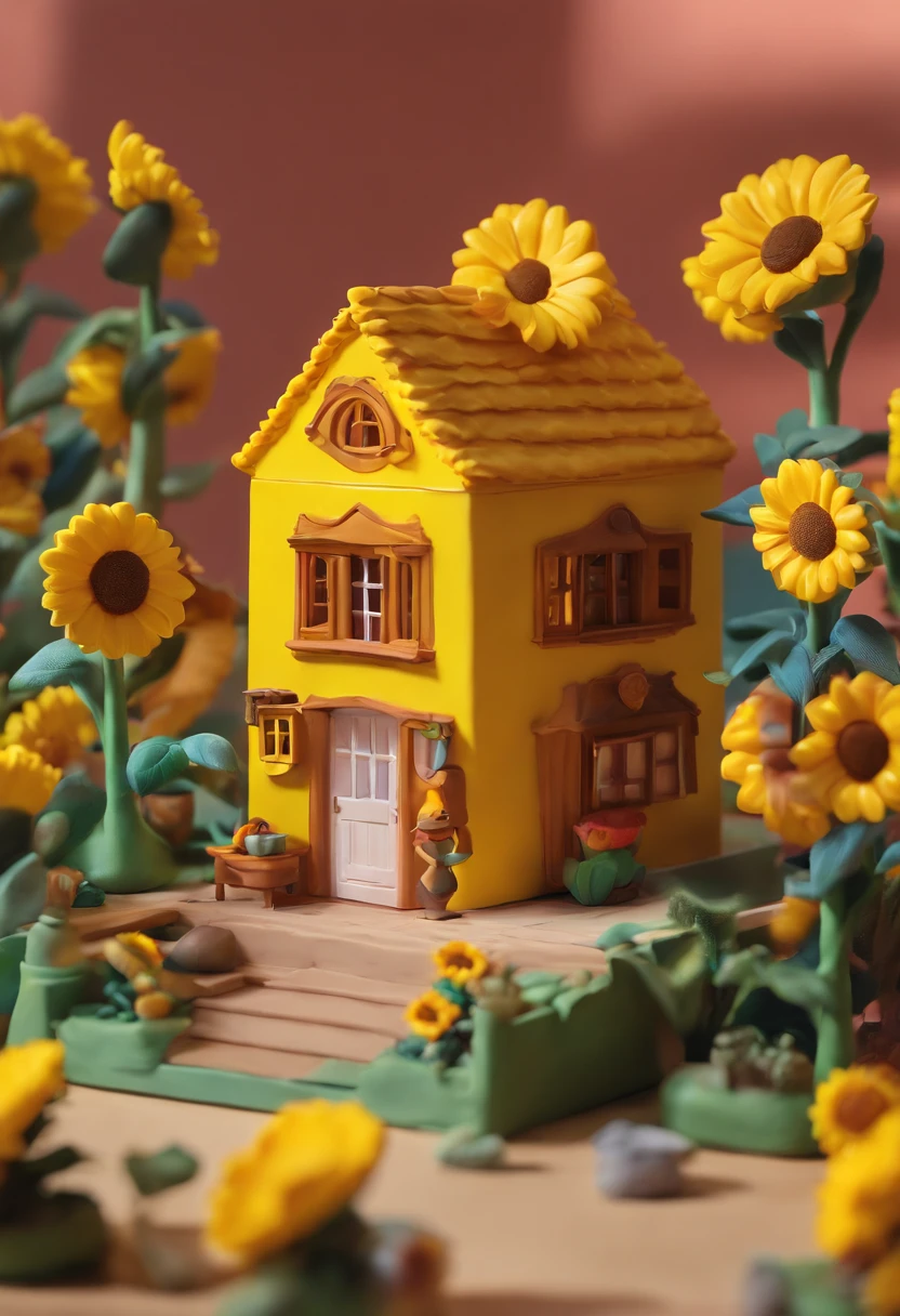 a sunflower house gloria studio, the garden is full of sunflowers, clay material, cartoonish design style, pop mart, soft lighting, smooth lines, tilt-shift lenses, detailed science fiction illustrations, hyper-realistic details, warm color