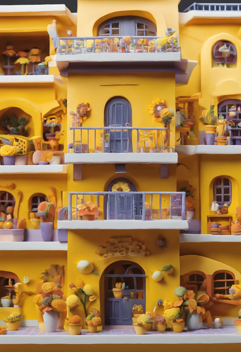 a sunflower house gloria studio, the garden is full of sunflowers, clay material, cartoonish design style, pop mart, soft lighting, smooth lines, tilt-shift lenses, detailed science fiction illustrations, hyper-realistic details, warm color