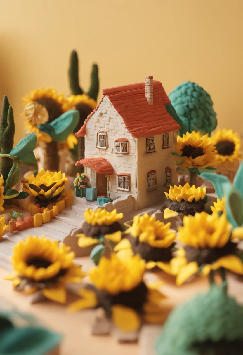 a sunflower house gloria studio, the garden is full of sunflowers, clay material, cartoonish design style, pop mart, soft lighting, smooth lines, tilt-shift lenses, detailed science fiction illustrations, hyper-realistic details, warm color