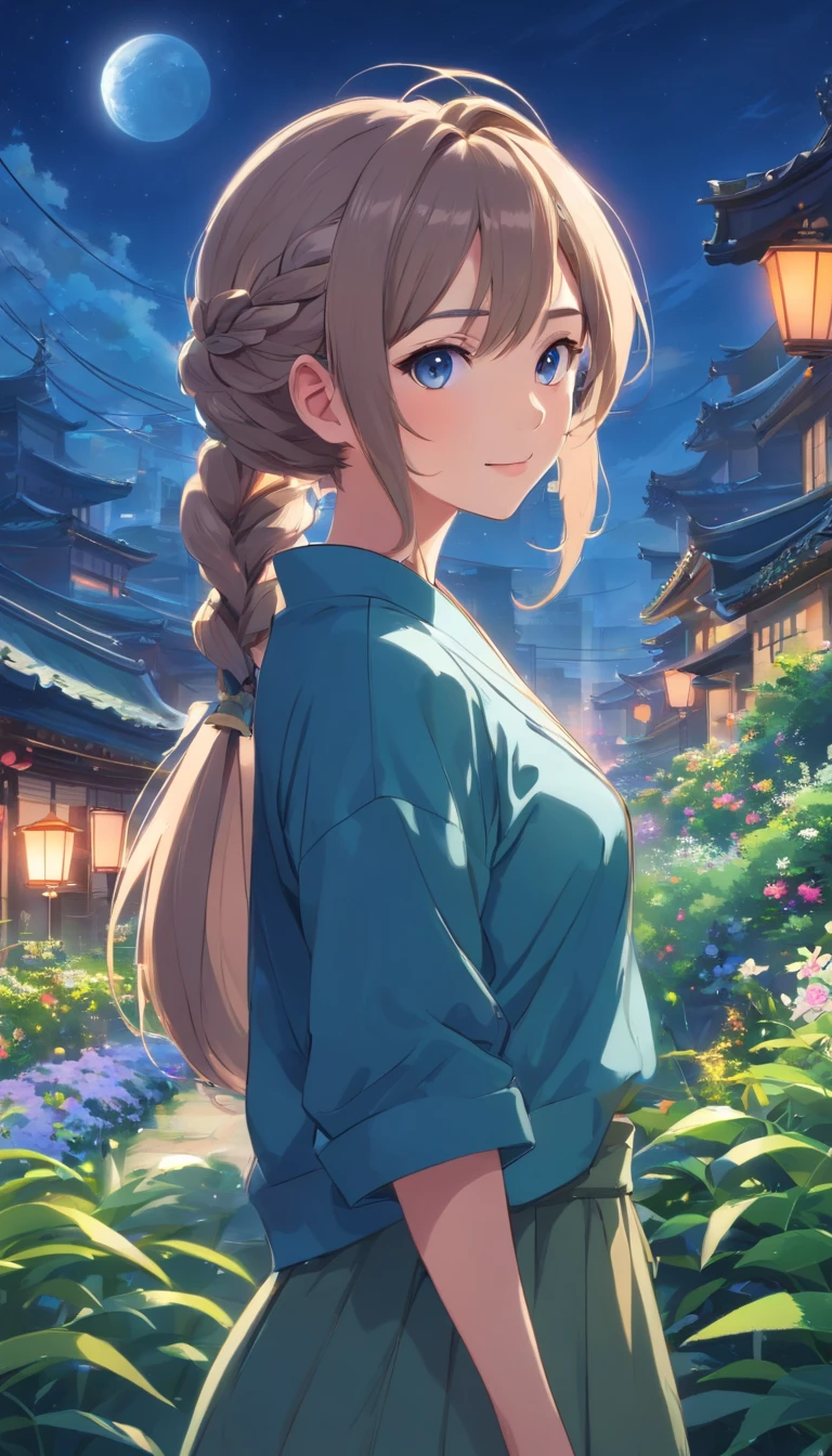 Best quality at best,tmasterpiece,The is very detailed,Face details,8K, detailed back ground,1girll,独奏,Silver hair,eBlue eyes,pigtails,long whitr hair,wavey hair,voluminous hair,pony tails,french braid,Blushlush,ssmile,Shawl,Chinese city,Chinese service,the night,themoon,scenecy,high place,horizon,ventania,wind blown,flowerbed,looking at viewert