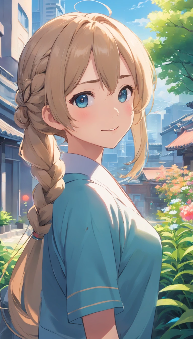 Best quality at best,tmasterpiece,The is very detailed,Face details,8K, detailed back ground,1girll,独奏,Silver hair,eBlue eyes,pigtails,long whitr hair,wavey hair,voluminous hair,pony tails,french braid,Blushlush,ssmile,Shawl,Chinese city,Chinese service,the night,themoon,scenecy,high place,horizon,ventania,wind blown,flowerbed,looking at viewert