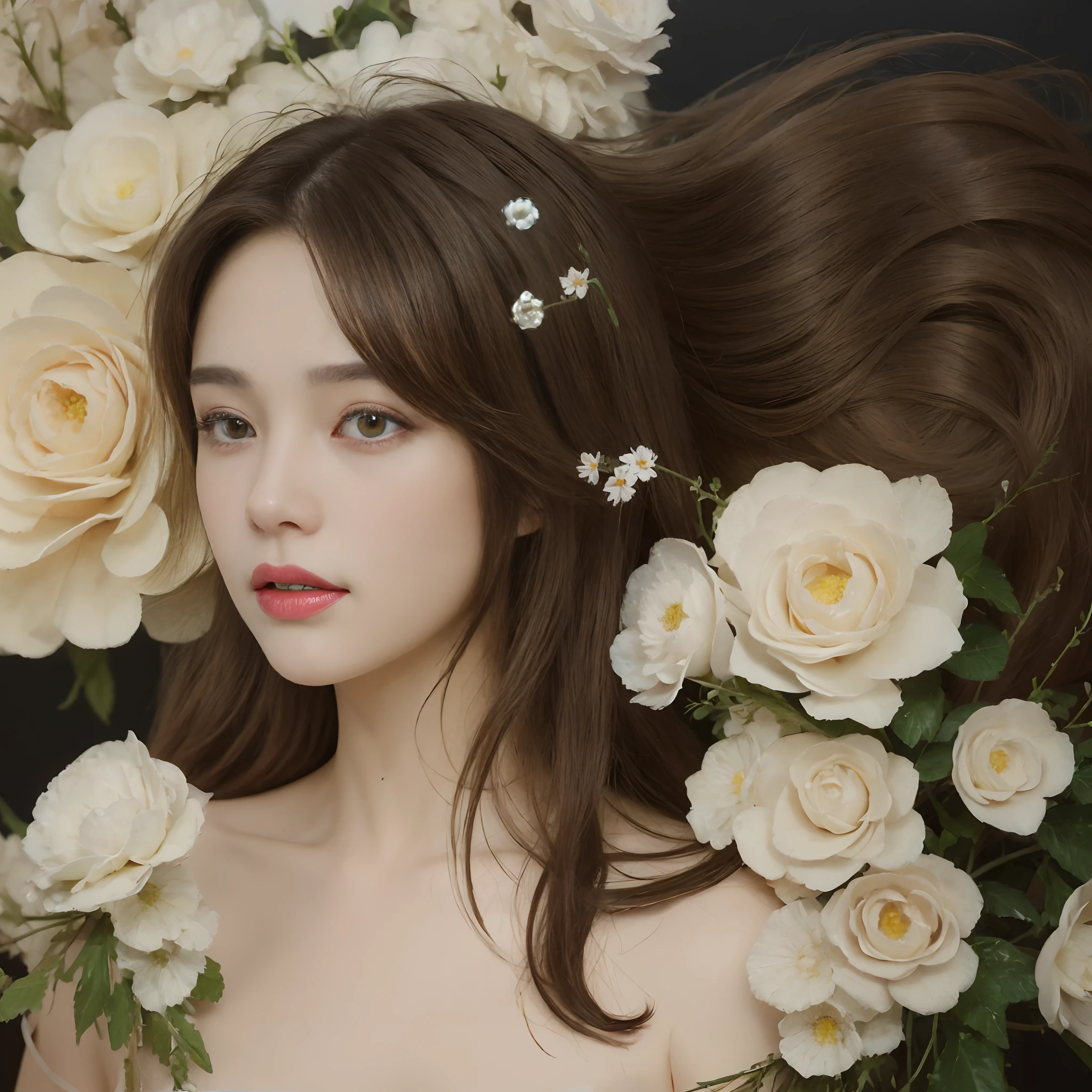 (oil painting:1.5), \\ A woman with long light brown hair and white flowers in her hair lies in a field of white flowers.., (Amy Soul:0.248), (Stanley Artgerm Lau:0.106), (Detailed drawings:0.353), (gothic art:0.106)