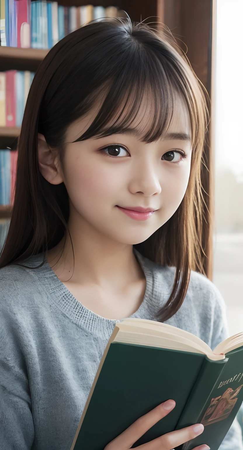 (top-quality、masterpiece:1.2)、Best Quality、realisitic、photoshot、hight resolution、1080p、8K、Textured skin、Physical Rendering、1 Japan Girls、a junior high school student、kawaii、Young Face、Rolled hair、(Literary girl:1.5)、atlibrary、read a book、full of shyness、smil、Big