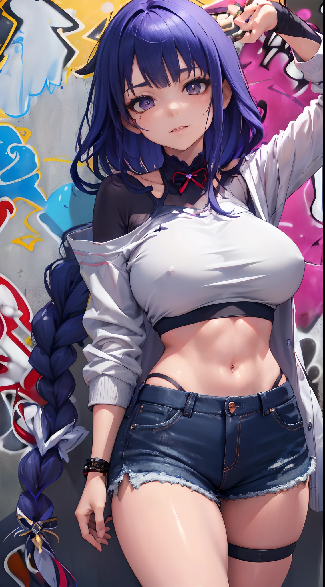 Kujou Sara Genshin Effect, masterpiece, bestquality, 1girls, bara, crop top, shorts jeans, choker, (Graffiti:1.5), color splashes, arm behind back, against wall, looking at the audience, bracelet, Thigh strap, Head tilt, bored, multicolored hair, water eyes, headset,