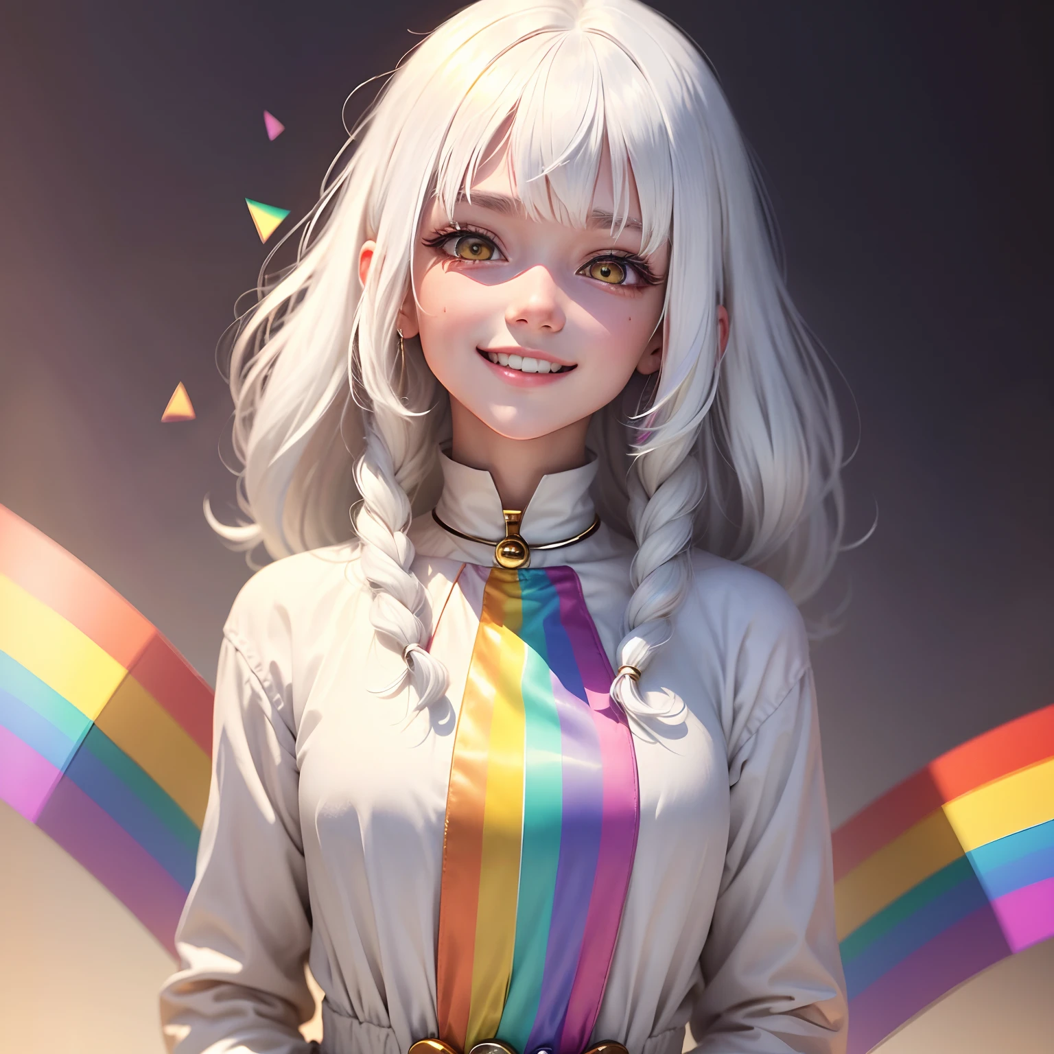 best quality, white hair, gold eyes, rainbow clothes, looking up, upper body, hair strand, Fair skin, smiling
