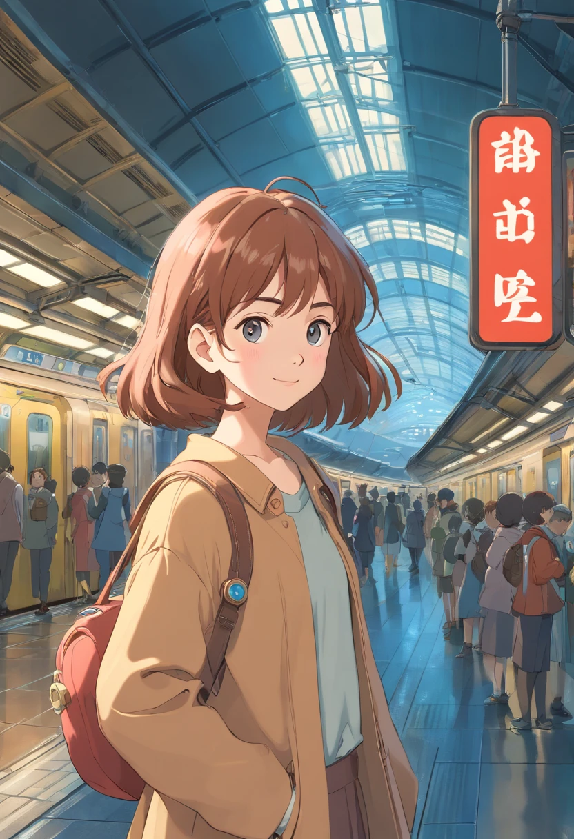Masterpiece, High Quality, 1girl,, (Masterpiece:1.4), (Best picture quality:1.4), (High Quality:1.4),A girl is staring at you, smiling heartily with a melancholy expression. Detailed and carefully rendered face. The background is a Tokyo subway transfer station..Nausicaa
